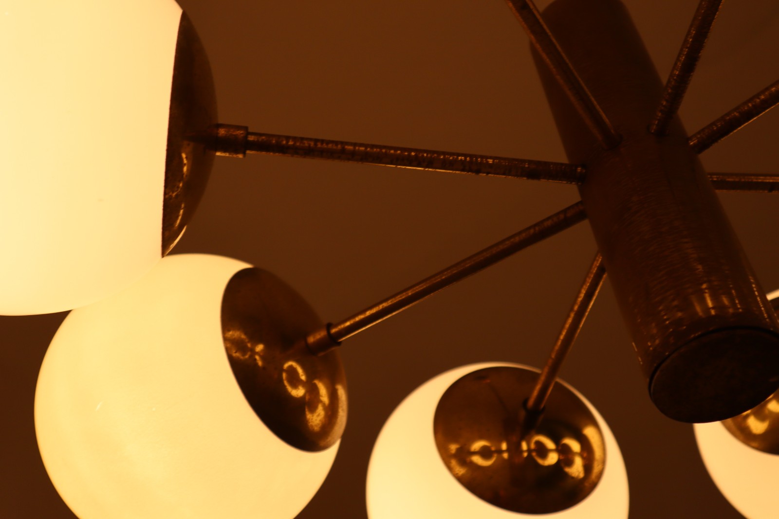 Mid century modern Strong Patinated brass chandelier with opaline globes , Germany 1960s Mid-20th century