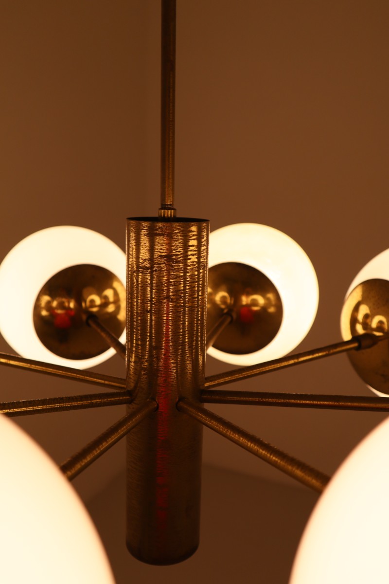 Mid century modern Strong Patinated brass chandelier with opaline globes , Germany 1960s Mid-20th century