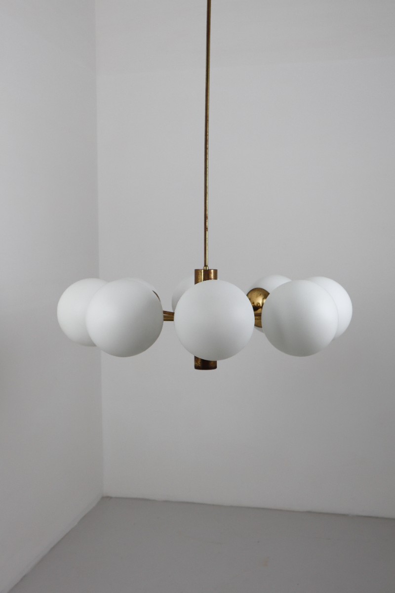 Mid century modern Strong Patinated brass chandelier with opaline globes , Germany 1960s Mid-20th century