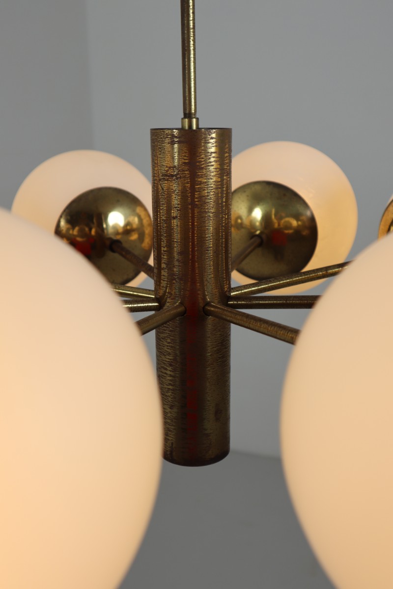 Mid century modern Strong Patinated brass chandelier with opaline globes , Germany 1960s Mid-20th century
