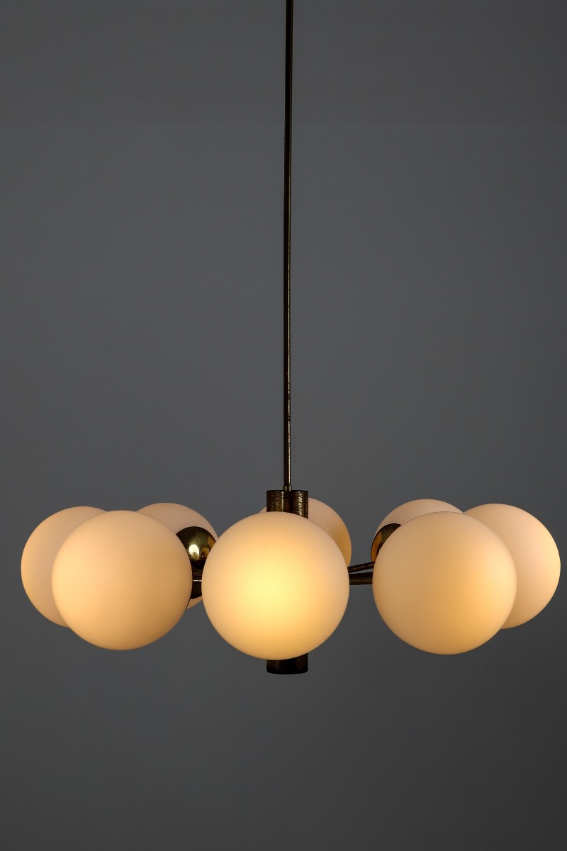 Mid century modern Strong Patinated brass chandelier with opaline globes , Germany 1960s Mid-20th century
