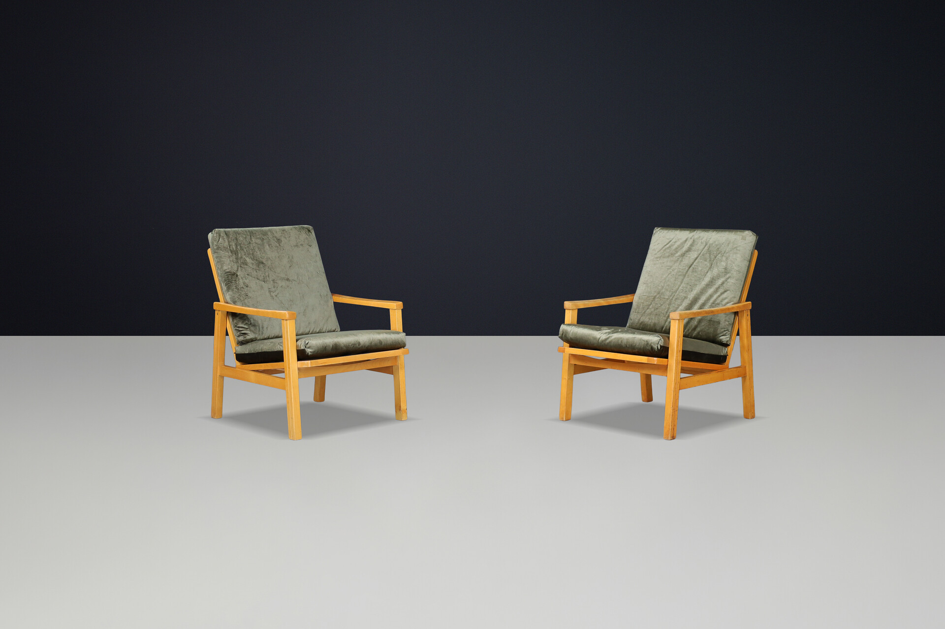 Mid century modern Vintage armchairs in green velvet ,CZ 1960s Late-20th century