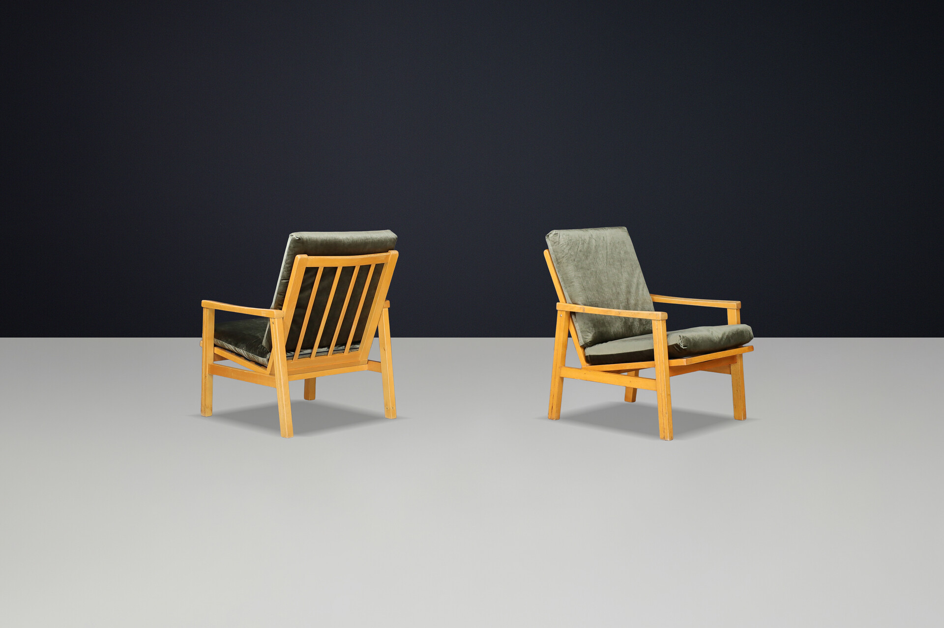 Mid century modern Vintage armchairs in green velvet ,CZ 1960s Late-20th century