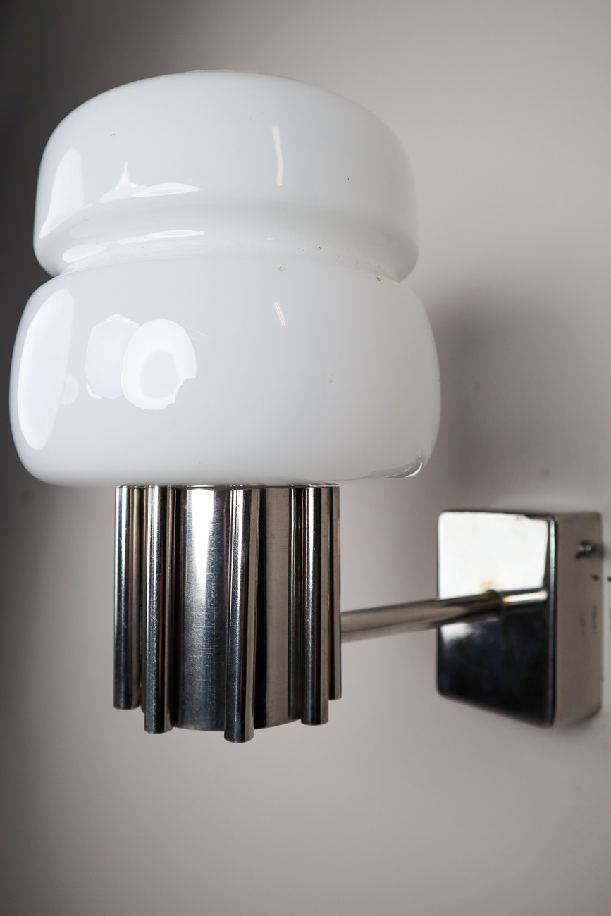 Mid century modern Wall Lights Sconces Opaline Glass and Steel, Italy 1970s Late-20th century