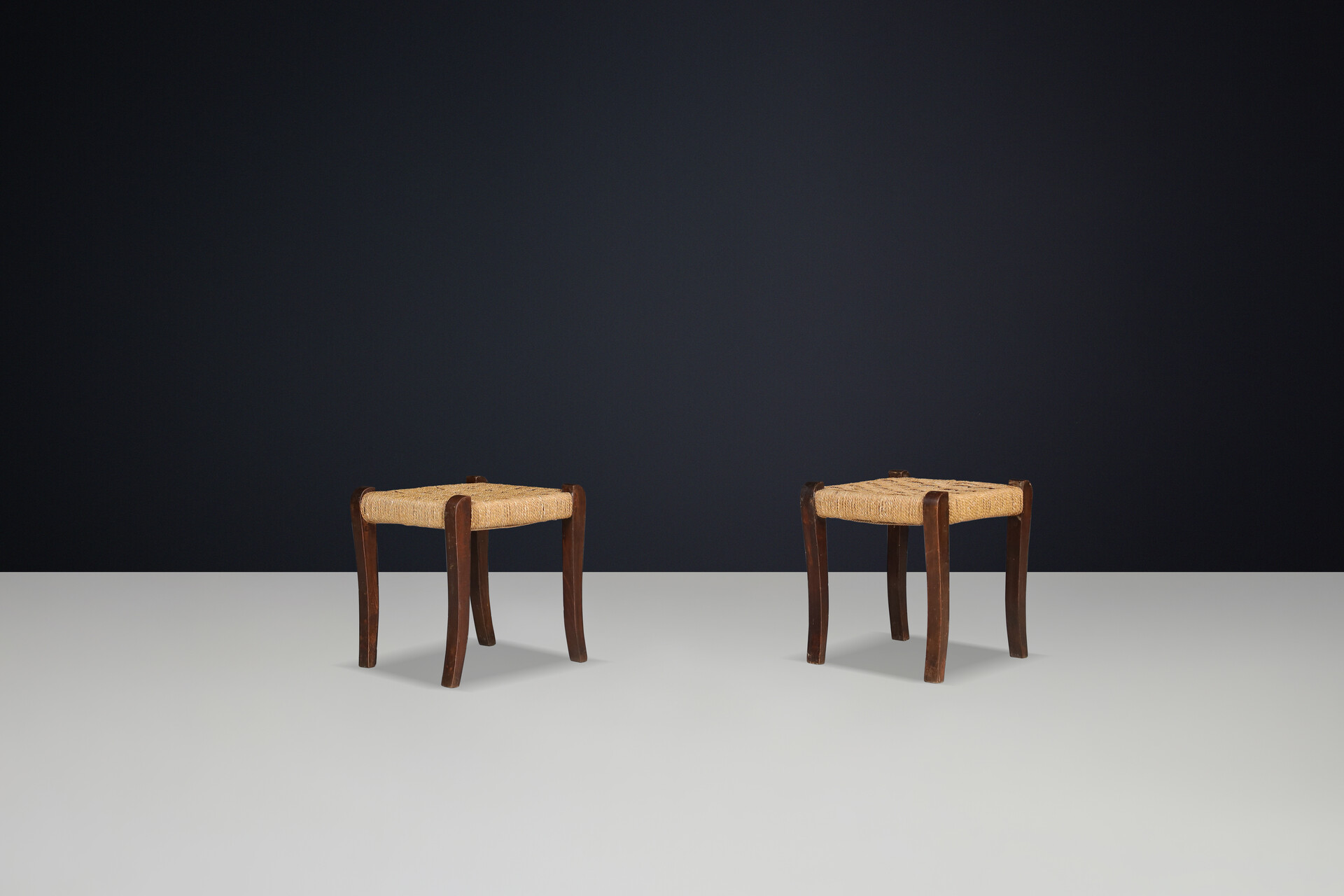 Mid century modern Walnut and  Rope Stools by Paolo buffa, Italy 1950s Mid-20th century