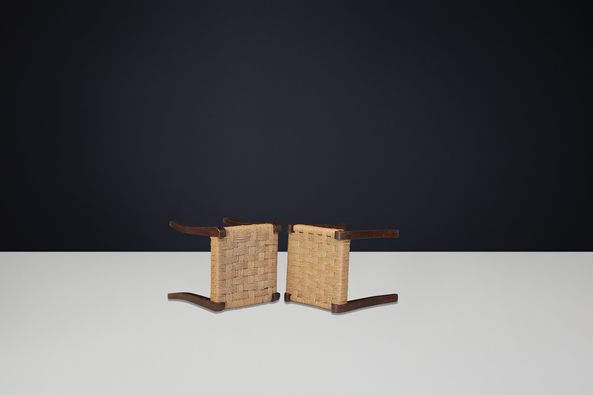Mid century modern Walnut and  Rope Stools by Paolo buffa, Italy 1950s Mid-20th century