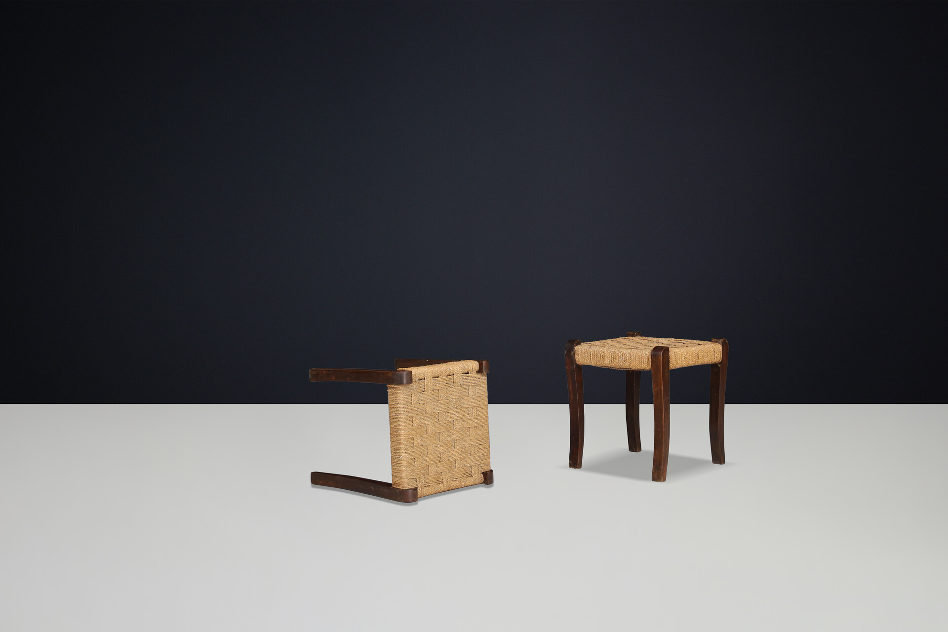 Mid century modern Walnut and  Rope Stools by Paolo buffa, Italy 1950s Mid-20th century