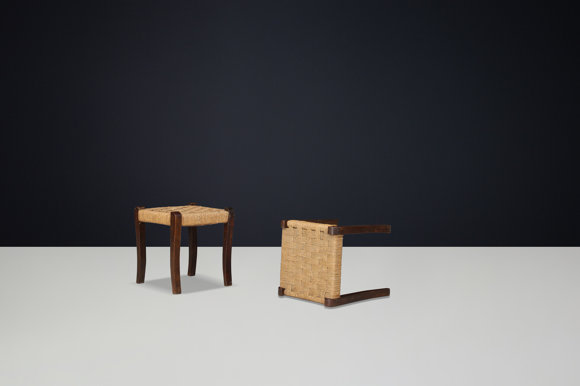 Mid century modern Walnut and  Rope Stools by Paolo buffa, Italy 1950s Mid-20th century