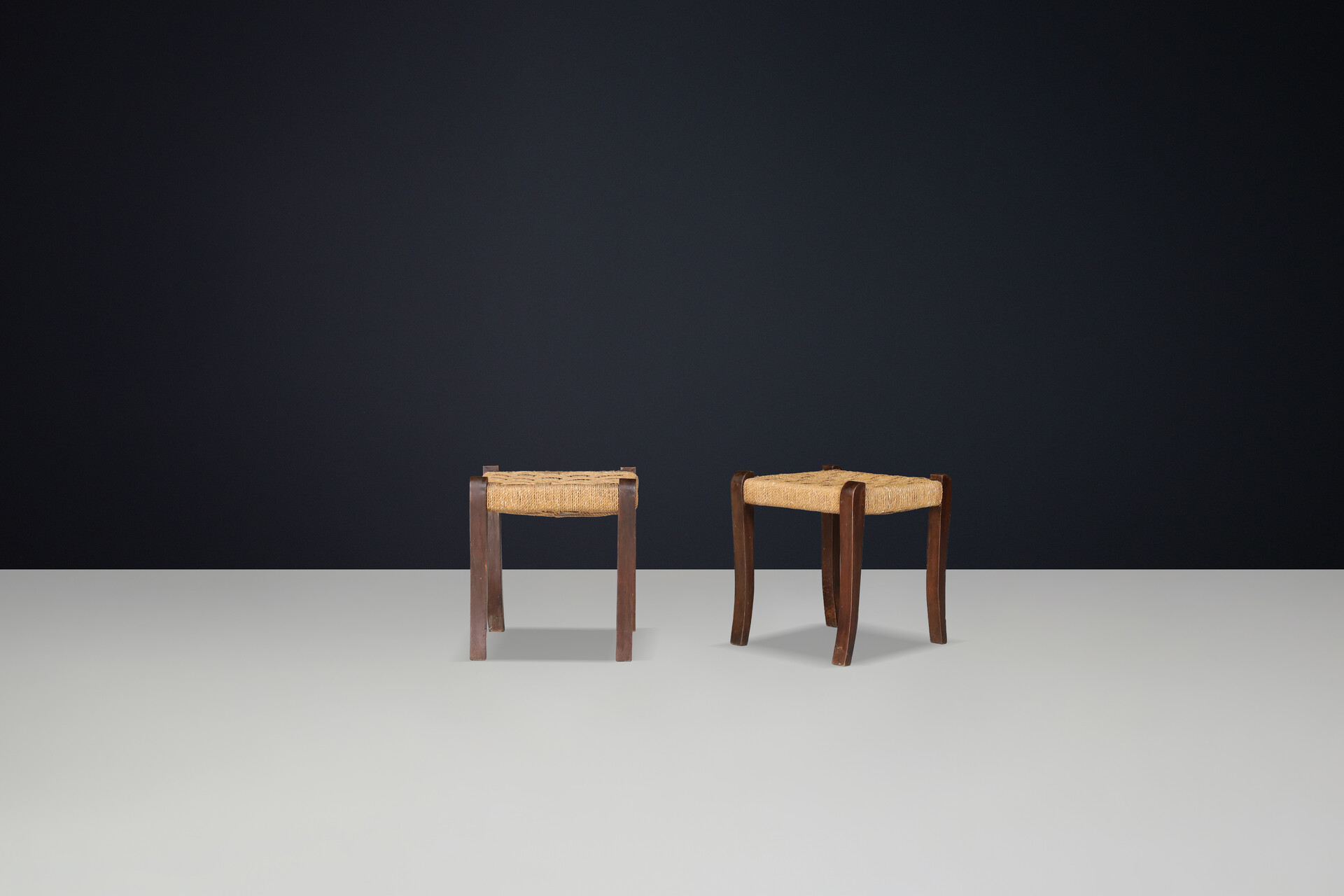 Mid century modern Walnut and  Rope Stools by Paolo buffa, Italy 1950s Mid-20th century