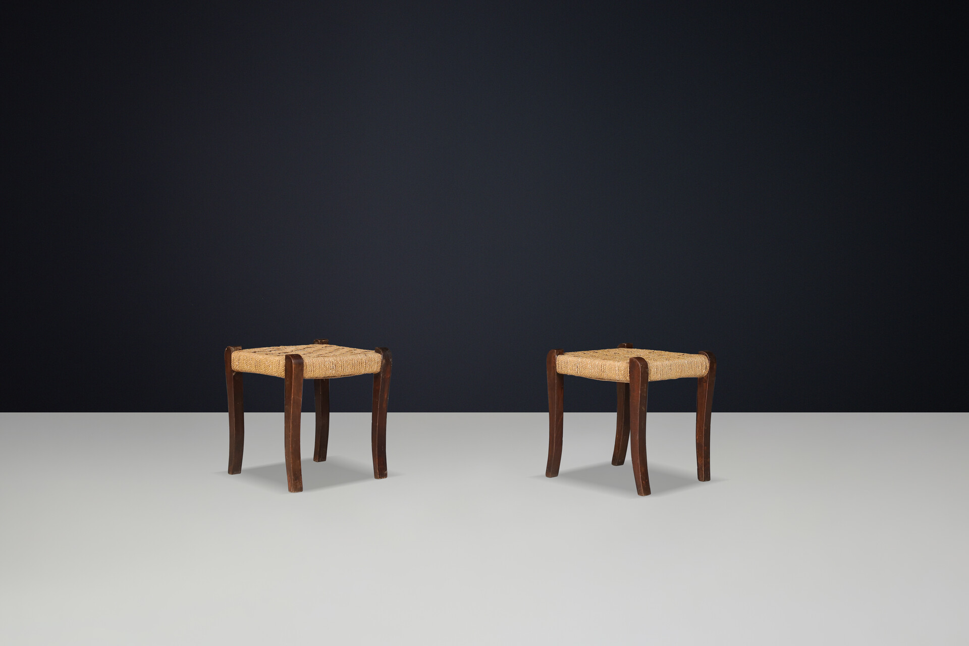 Mid century modern Walnut and  Rope Stools by Paolo buffa, Italy 1950s Mid-20th century