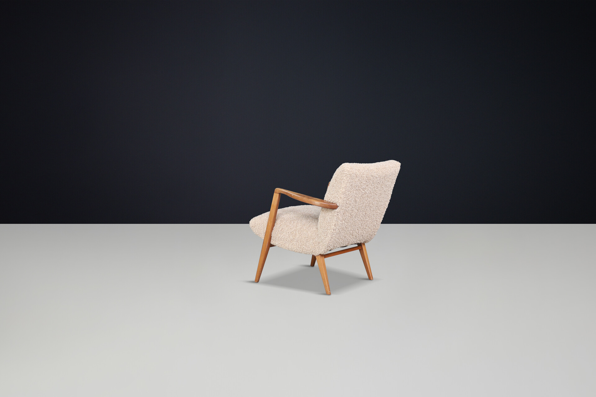 Mid century modern Walnut wood and teddy Upholstered Armchair, Italy 1950s Mid-20th century