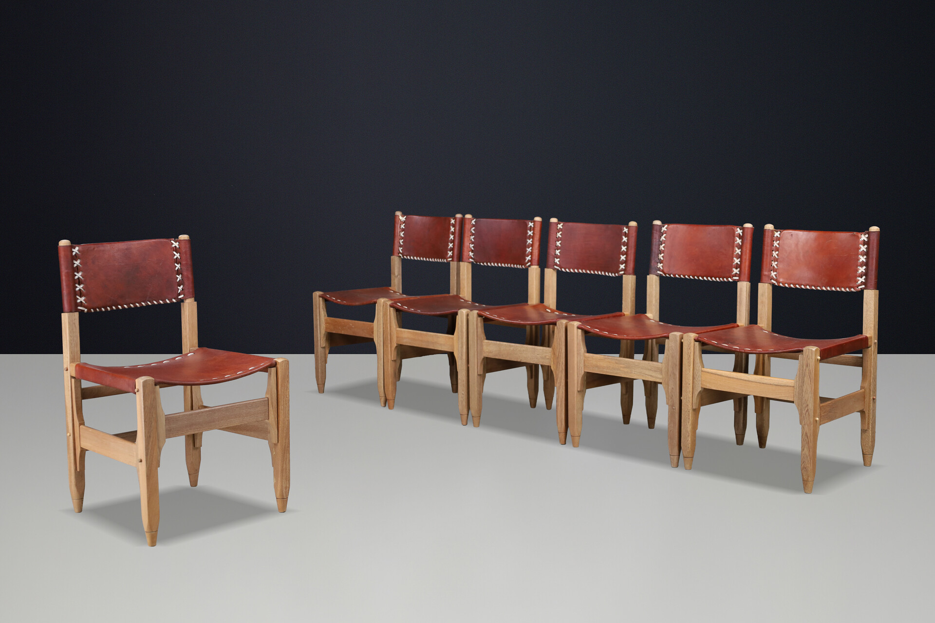 Mid century modern Werner Biermann Dining Chairs in Oak and Saddle Leather, Arte Sano 1960 Mid-20th century