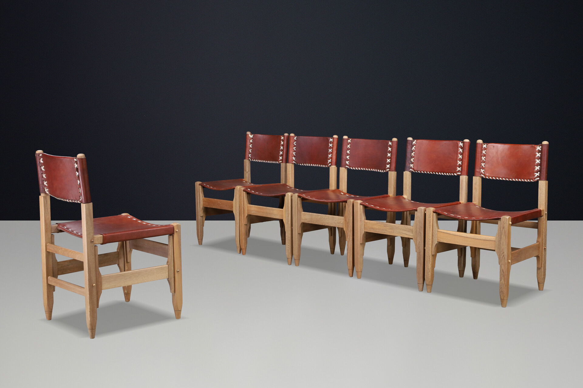 Mid century modern Werner Biermann Dining Chairs in Oak and Saddle Leather, Arte Sano 1960 Mid-20th century