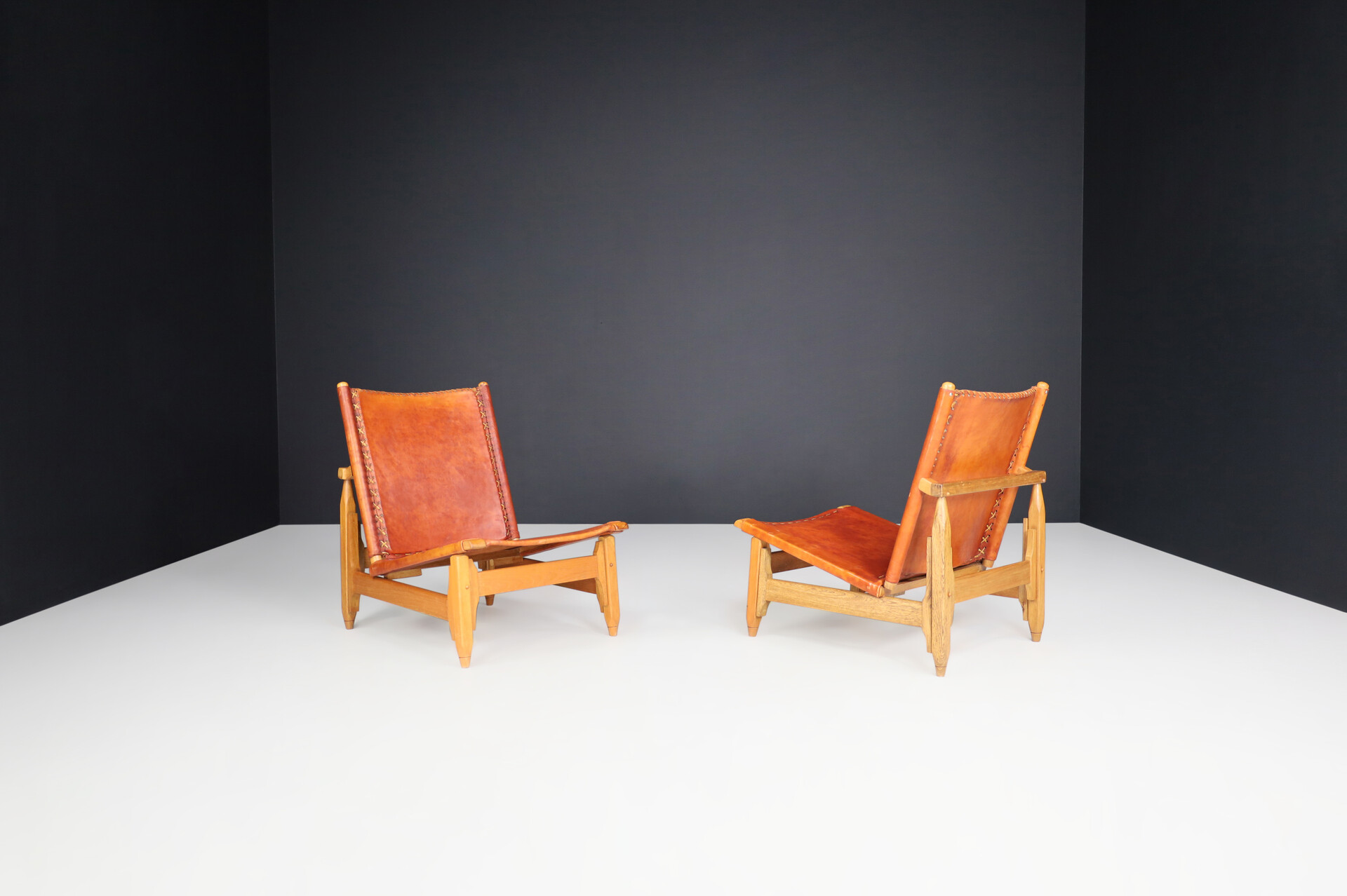 Mid century modern WERNER BIERMANN FOR ARTE SANO cognac leather and oak lounge chairs 1960s Mid-20th century