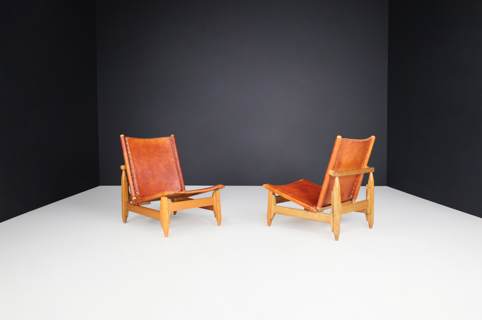Mid century modern WERNER BIERMANN FOR ARTE SANO cognac leather and oak lounge chairs 1960s Mid-20th century