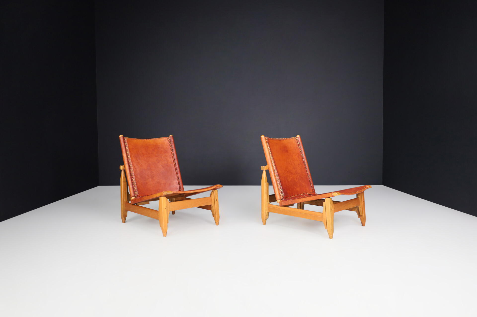 Mid century modern WERNER BIERMANN FOR ARTE SANO cognac leather and oak lounge chairs 1960s Mid-20th century