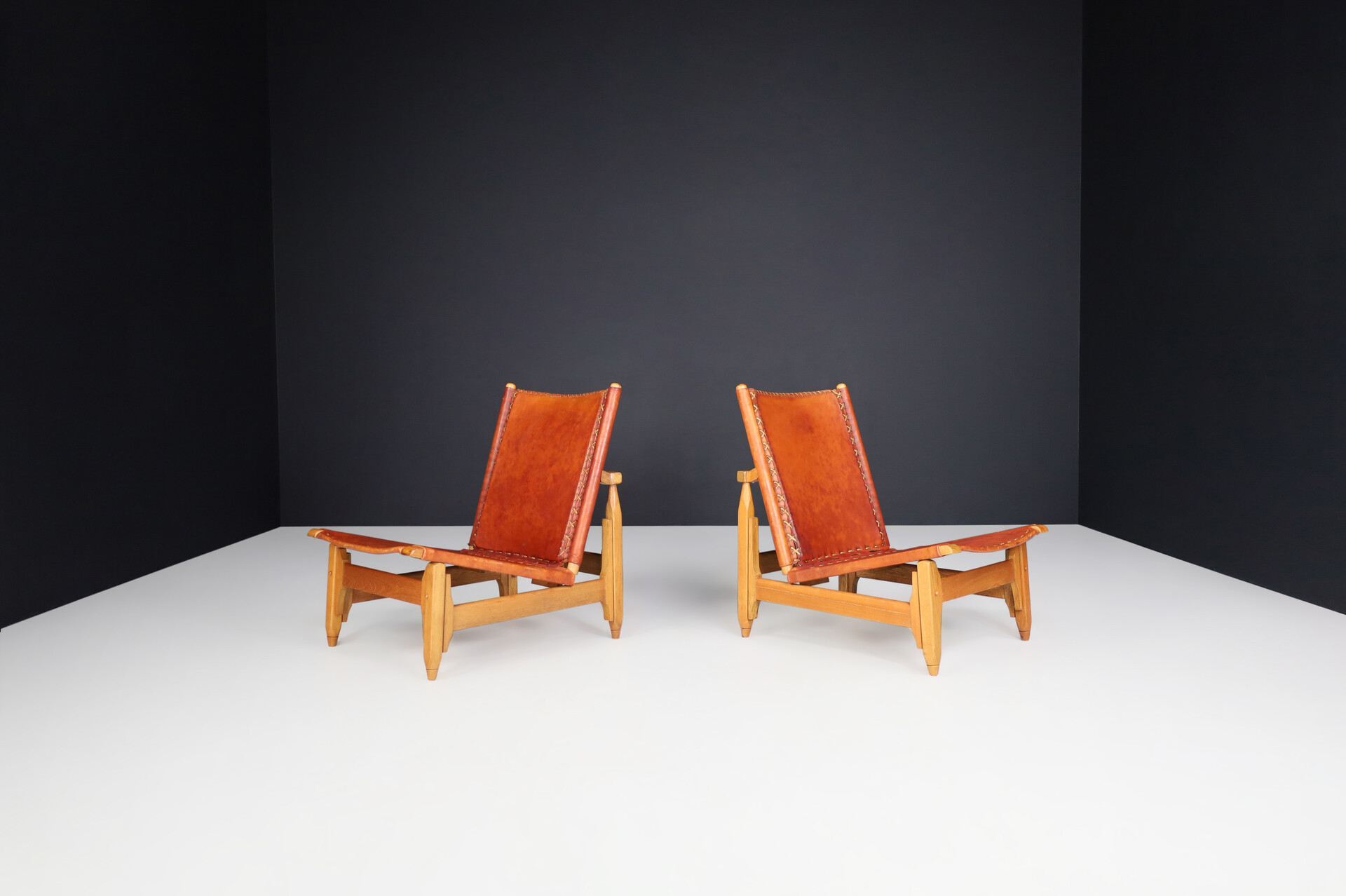Mid century modern WERNER BIERMANN FOR ARTE SANO cognac leather and oak lounge chairs 1960s Mid-20th century