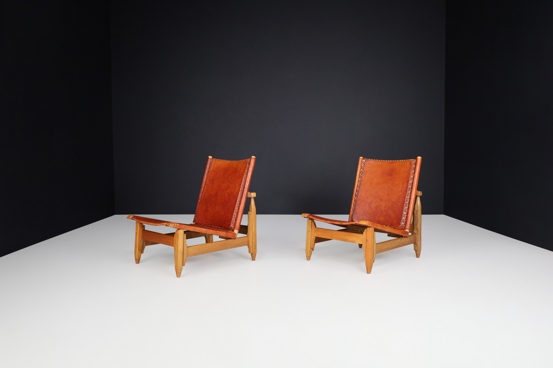 Mid century modern WERNER BIERMANN FOR ARTE SANO cognac leather and oak lounge chairs 1960s Mid-20th century