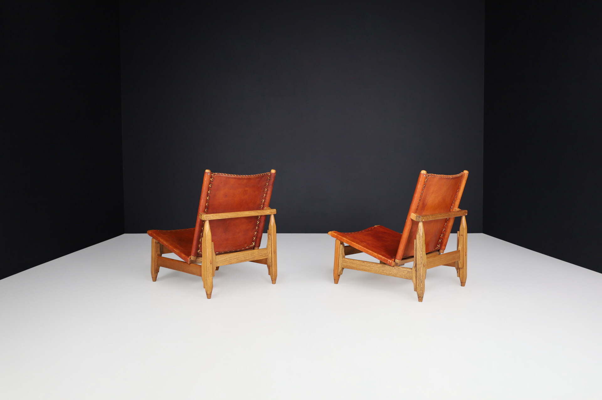 Mid century modern WERNER BIERMANN FOR ARTE SANO cognac leather and oak lounge chairs 1960s Mid-20th century