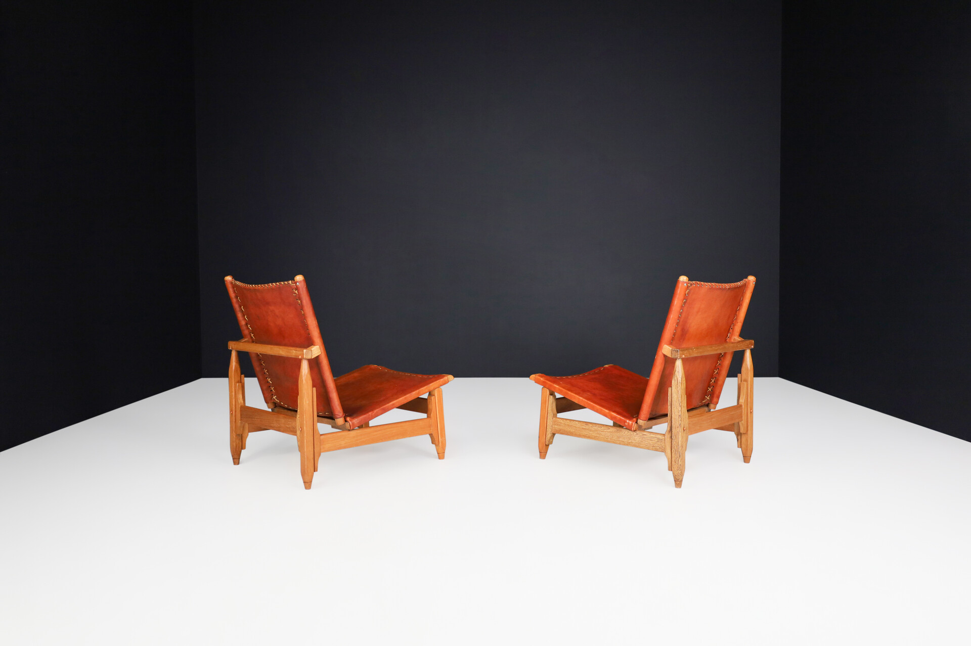 Mid century modern WERNER BIERMANN FOR ARTE SANO cognac leather and oak lounge chairs 1960s Mid-20th century
