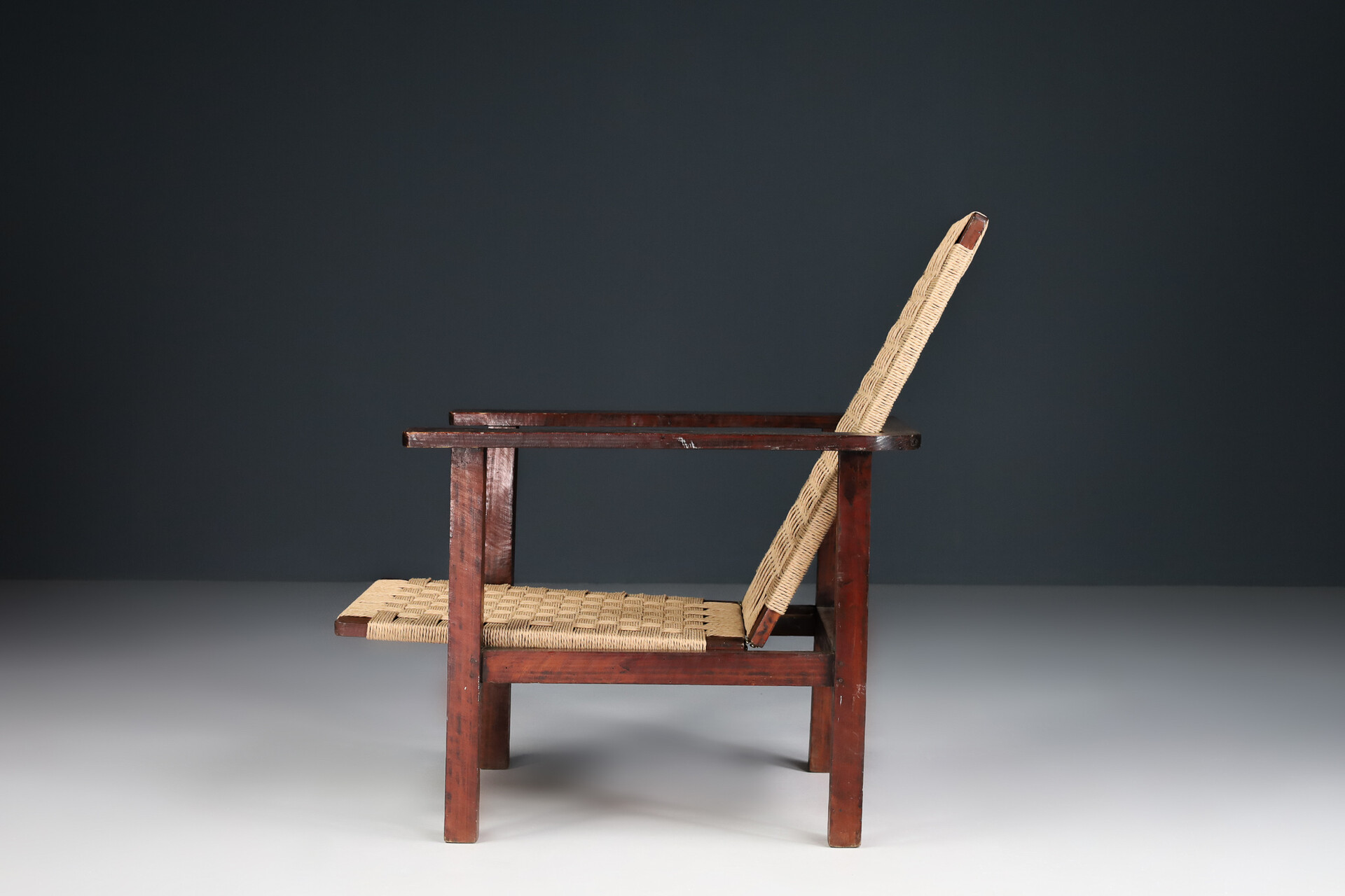 Mid century modern Wicker and wood Easy-Lounge-Patio Chair Designed In France 1960s Mid-20th century