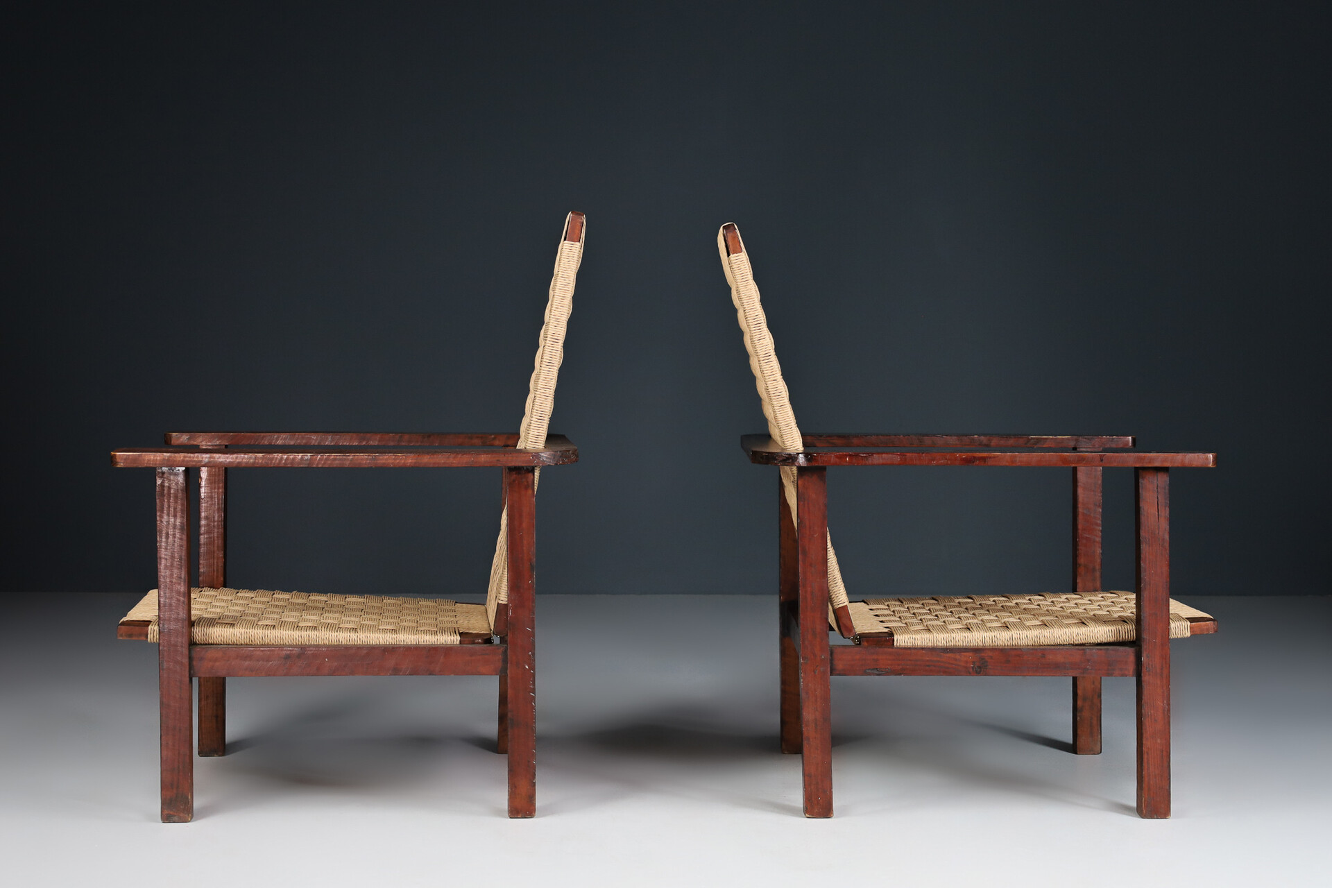 Mid century modern Wicker and wood Easy-Lounge-Patio Chair Designed In France 1960s Mid-20th century