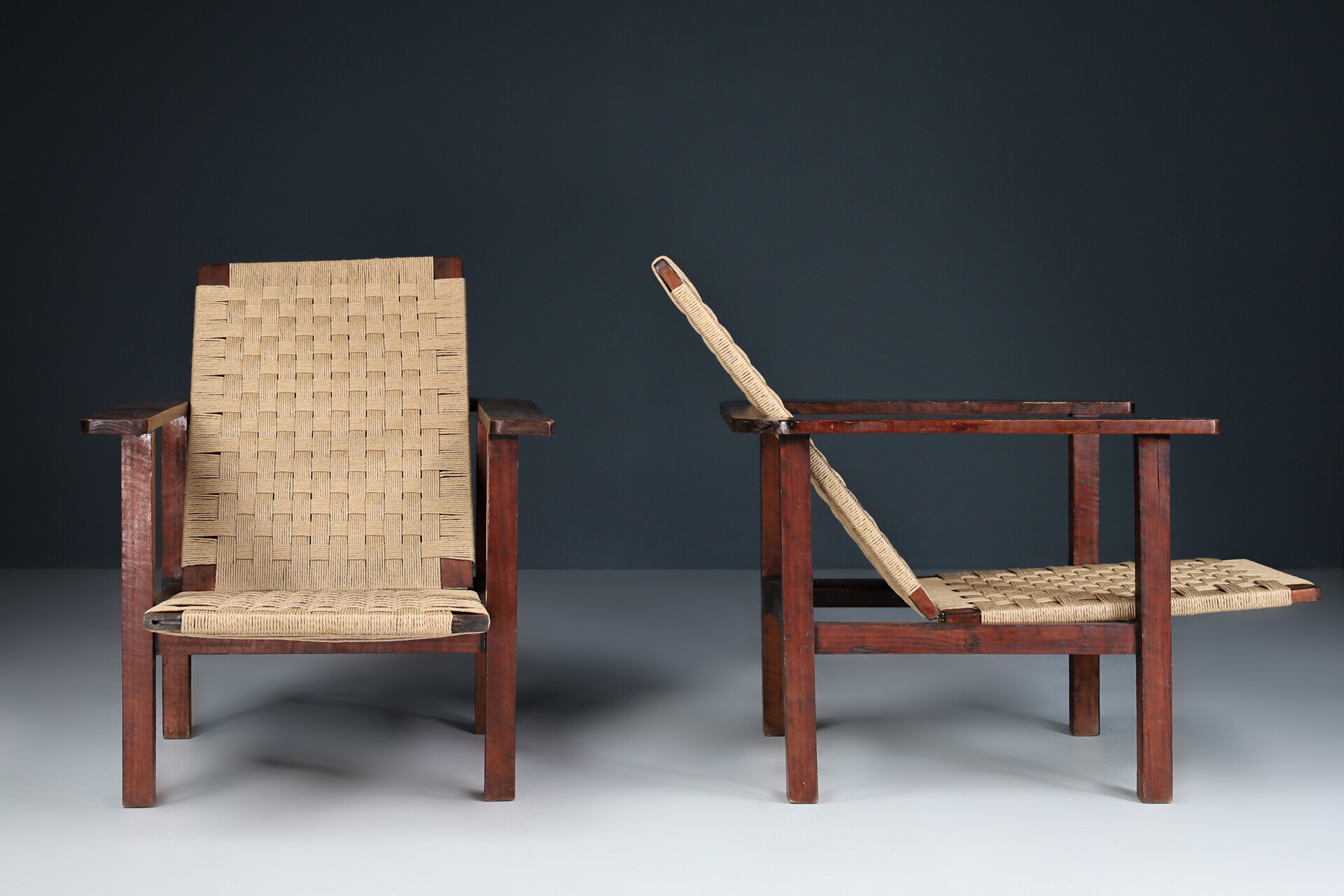 Mid century modern Wicker and wood Easy-Lounge-Patio Chair Designed In France 1960s Mid-20th century
