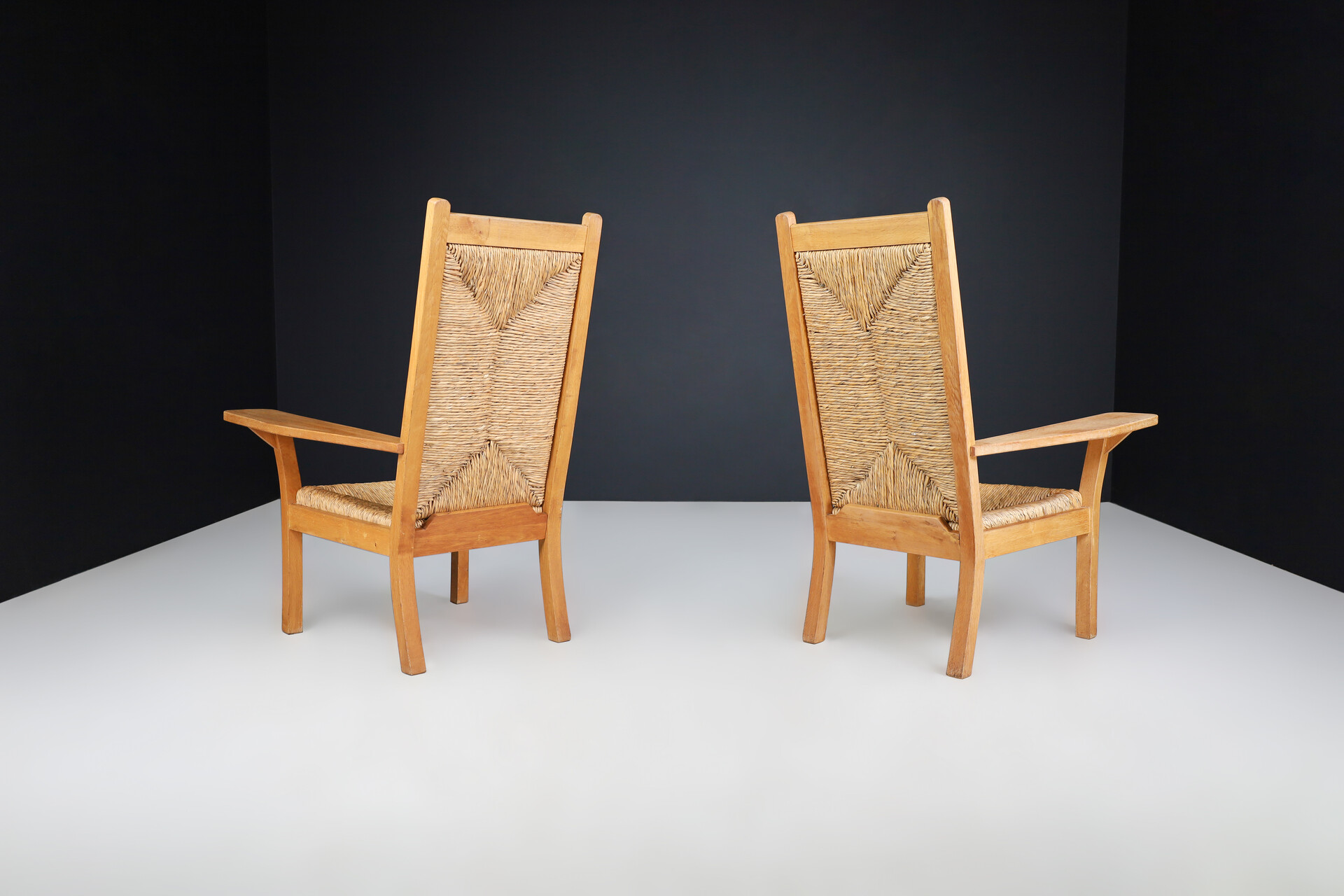 Mid century modern Willi Ohler Arm Chairs in Oak and Rush, Arts & Crafts, Germany, 1940s Mid-20th century