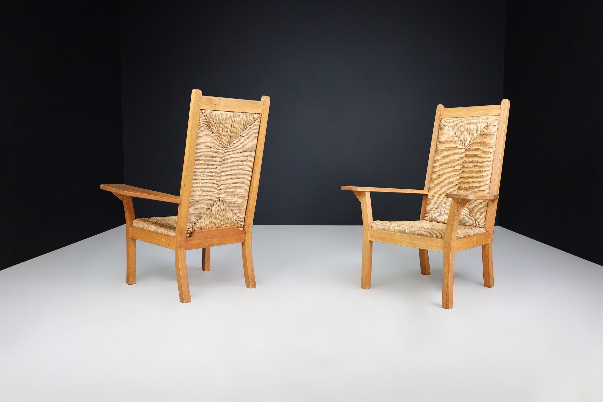 Mid century modern Willi Ohler Arm Chairs in Oak and Rush, Arts & Crafts, Germany, 1940s Mid-20th century