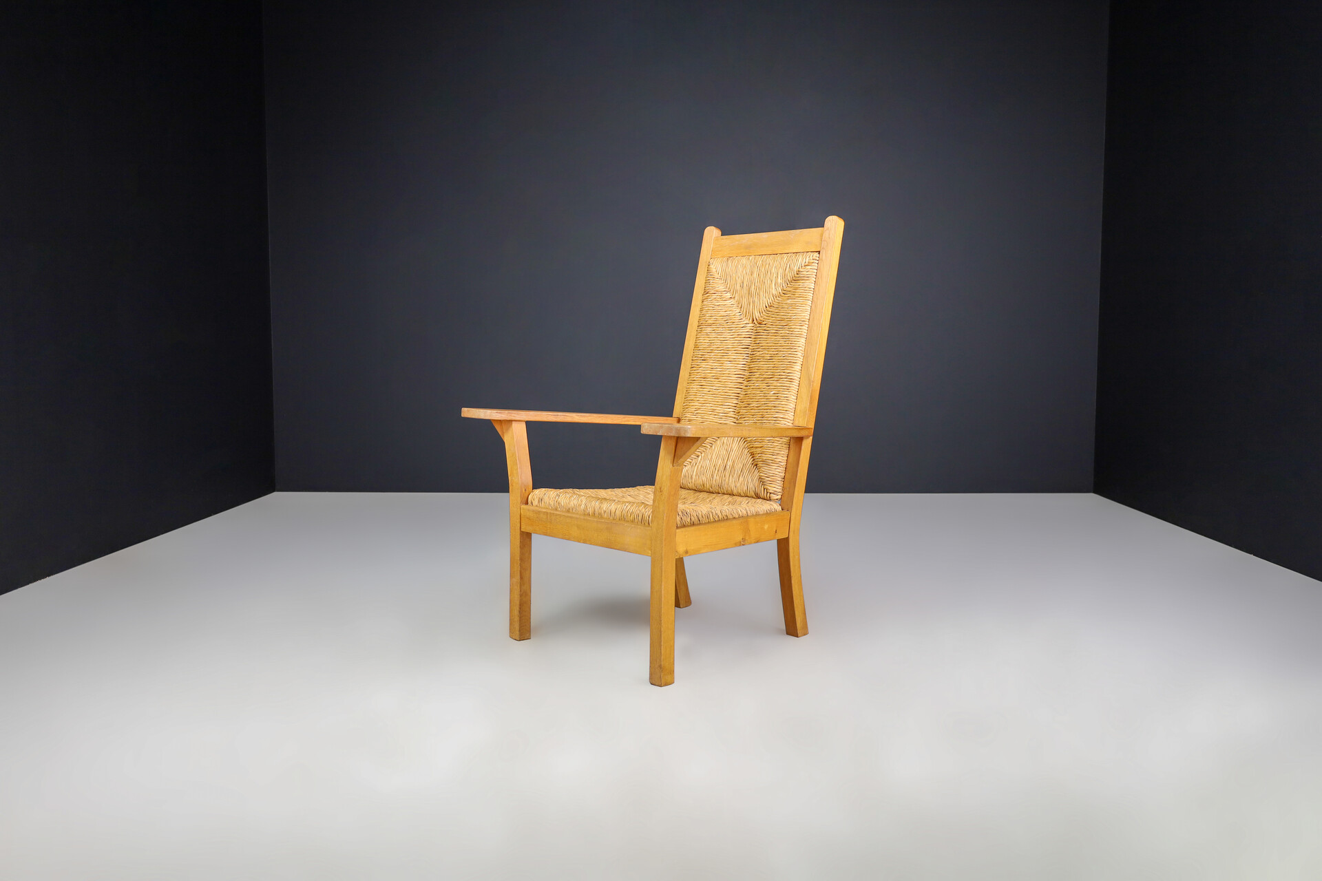 Mid century modern Willi Ohler Arm Chairs in Oak and Rush, Arts & Crafts, Germany, 1940s Mid-20th century