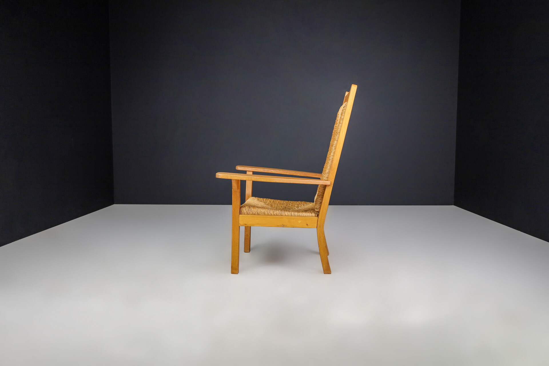 Mid century modern Willi Ohler Arm Chairs in Oak and Rush, Arts & Crafts, Germany, 1940s Mid-20th century