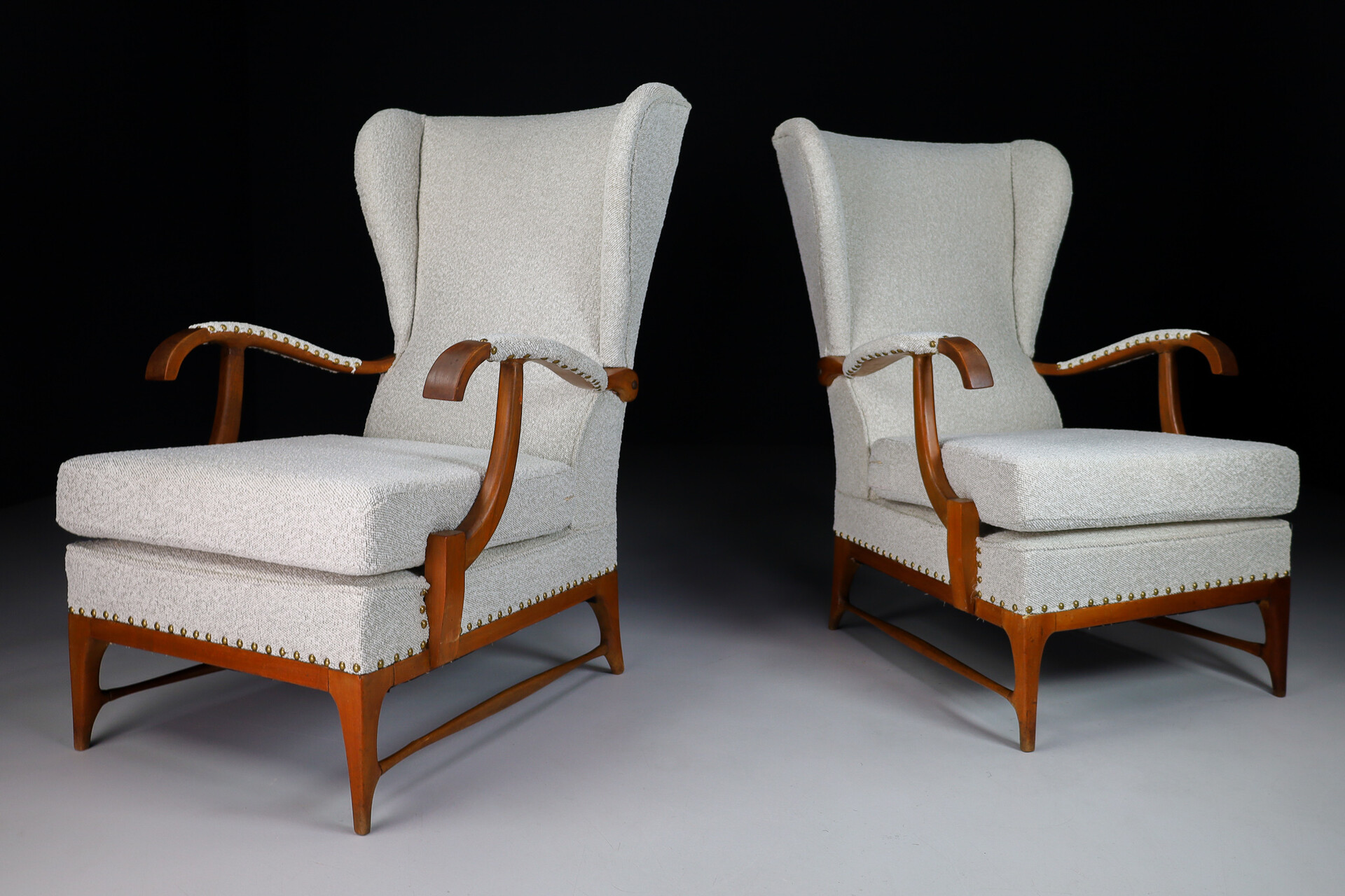 Mid century modern Wingback Armchairs by Paolo Buffa Reupholstered in Bouclé Fabric, Italy 1940s Mid-20th century
