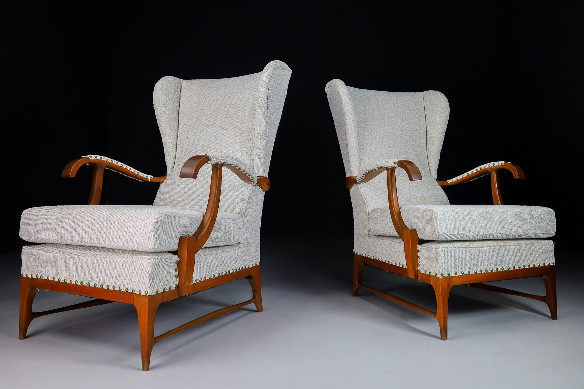 Mid century modern Wingback Armchairs by Paolo Buffa Reupholstered in Bouclé Fabric, Italy 1940s Mid-20th century