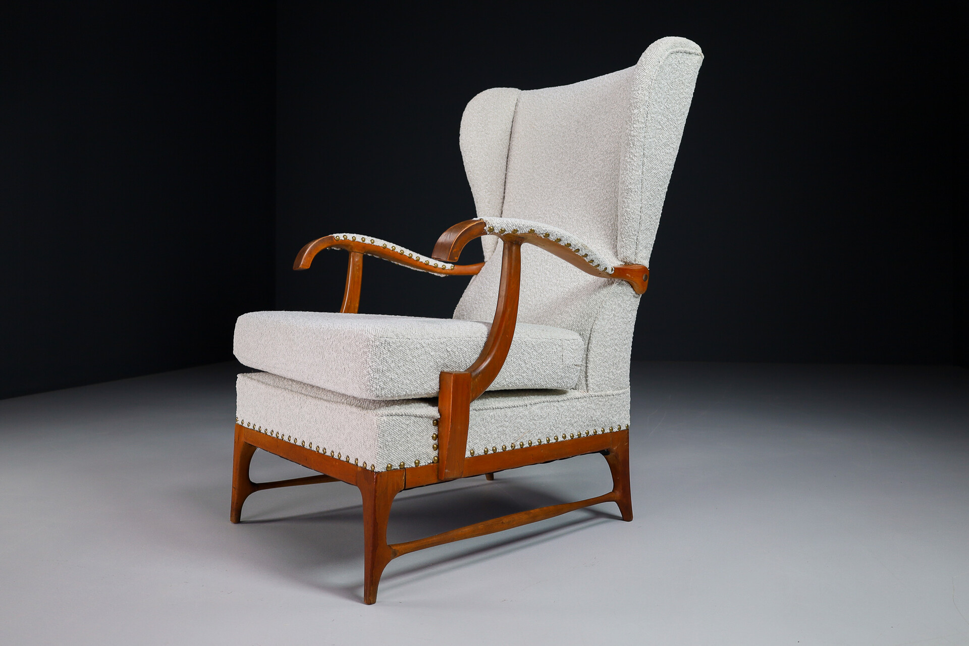 Mid century modern Wingback Armchairs by Paolo Buffa Reupholstered in Bouclé Fabric, Italy 1940s Mid-20th century