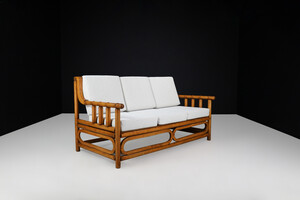 Mid century modern Wood and New Bouclé fabric sofa France 1950s Mid-20th century