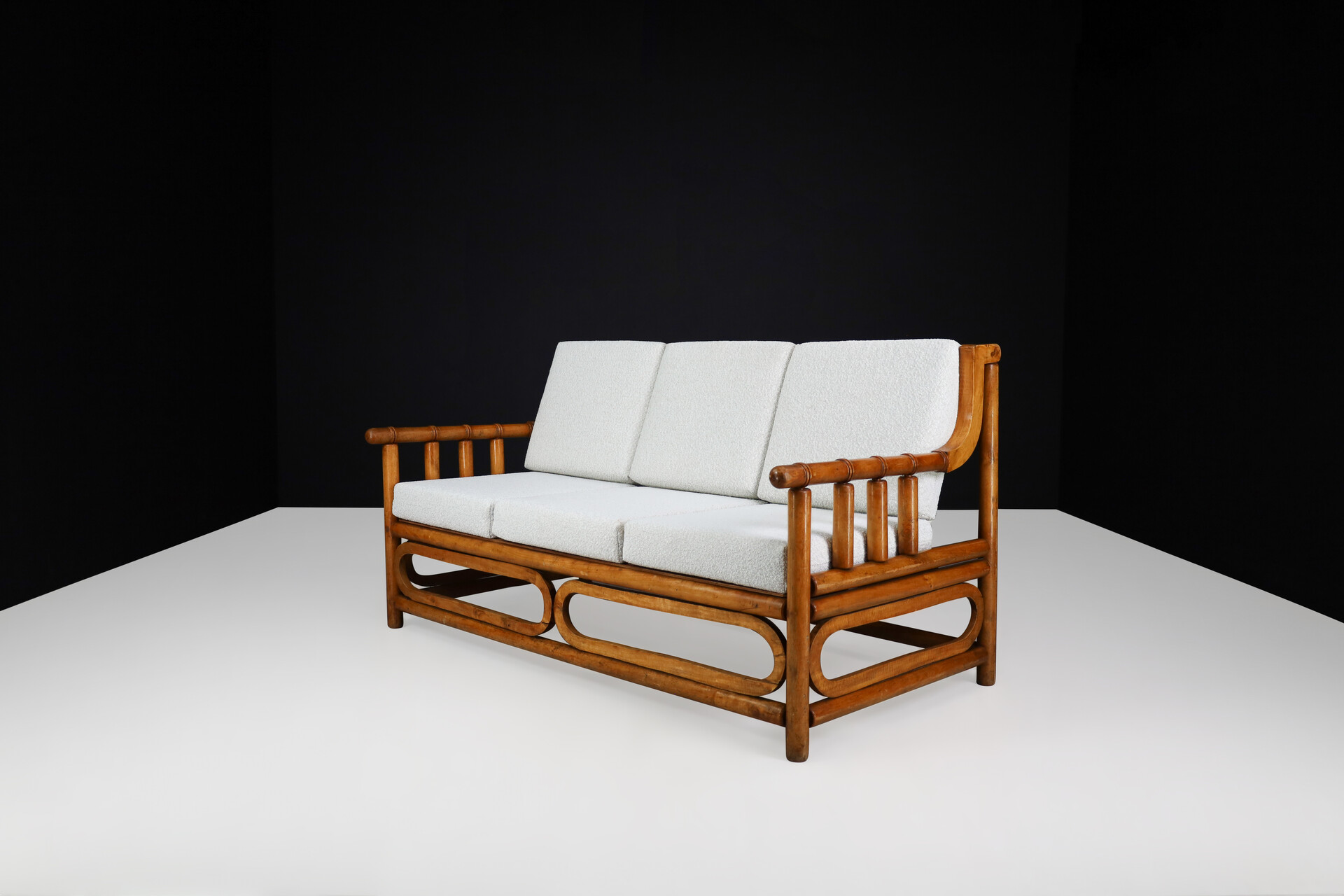 Mid century modern Wood and New Bouclé fabric sofa France 1950s Mid-20th century