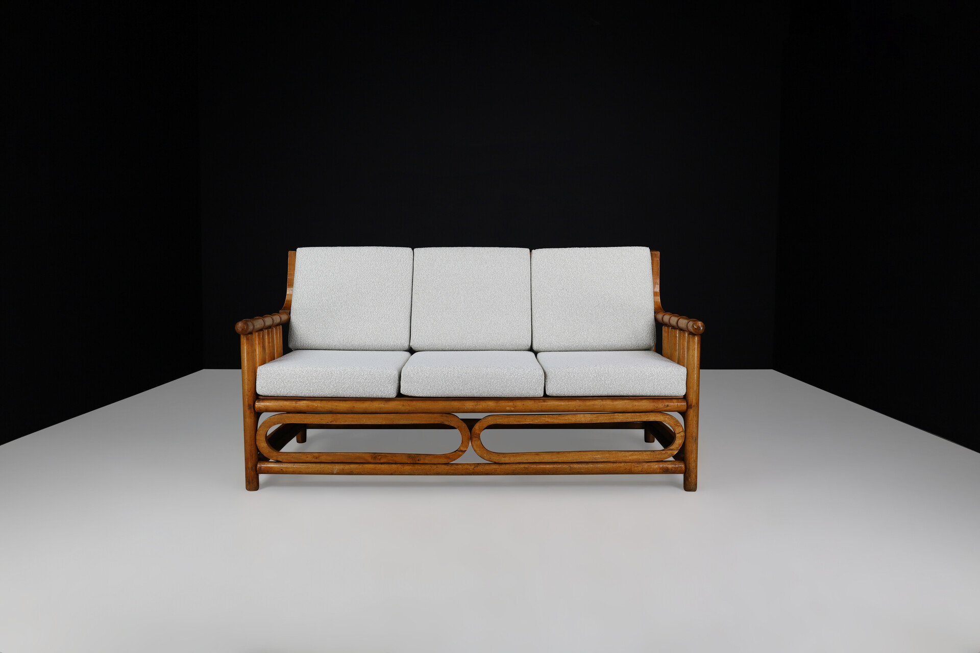 Mid century modern Wood and New Bouclé fabric sofa France 1950s Mid-20th century