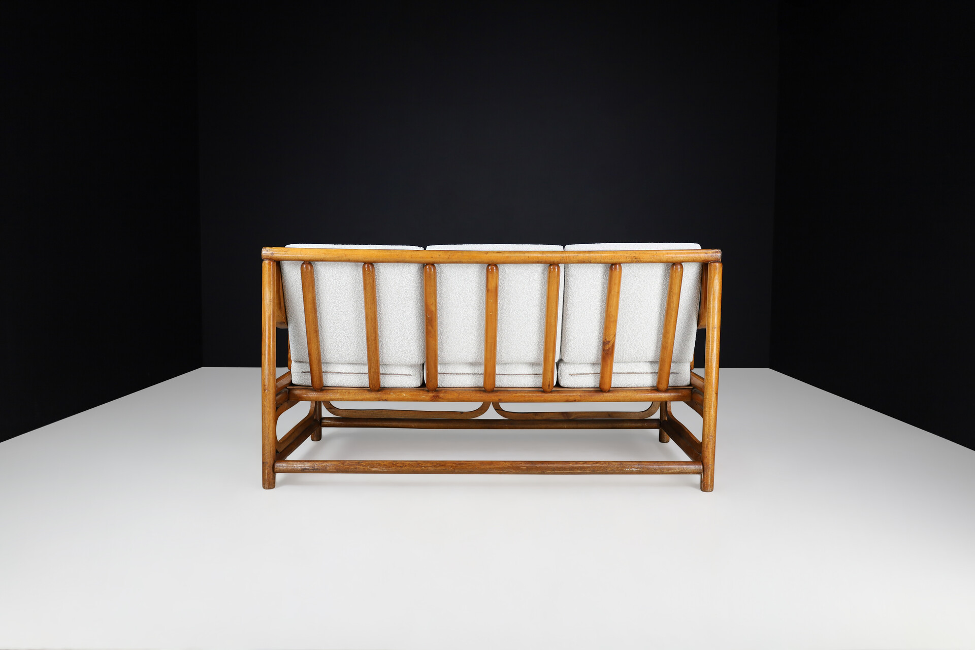 Mid century modern Wood and New Bouclé fabric sofa France 1950s Mid-20th century