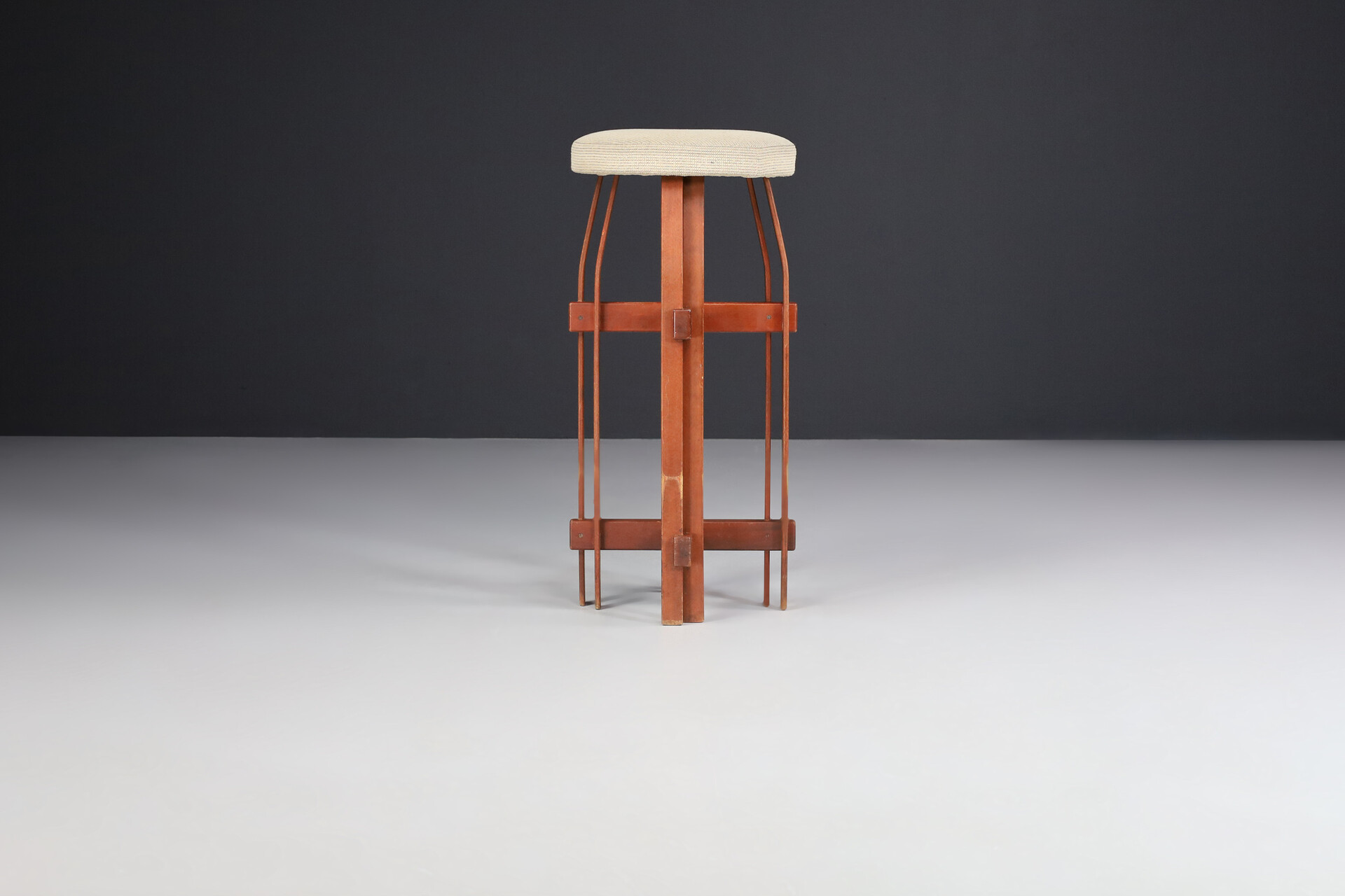 Mid century modern Wood and original fabric Barstools, France 1960s Mid-20th century