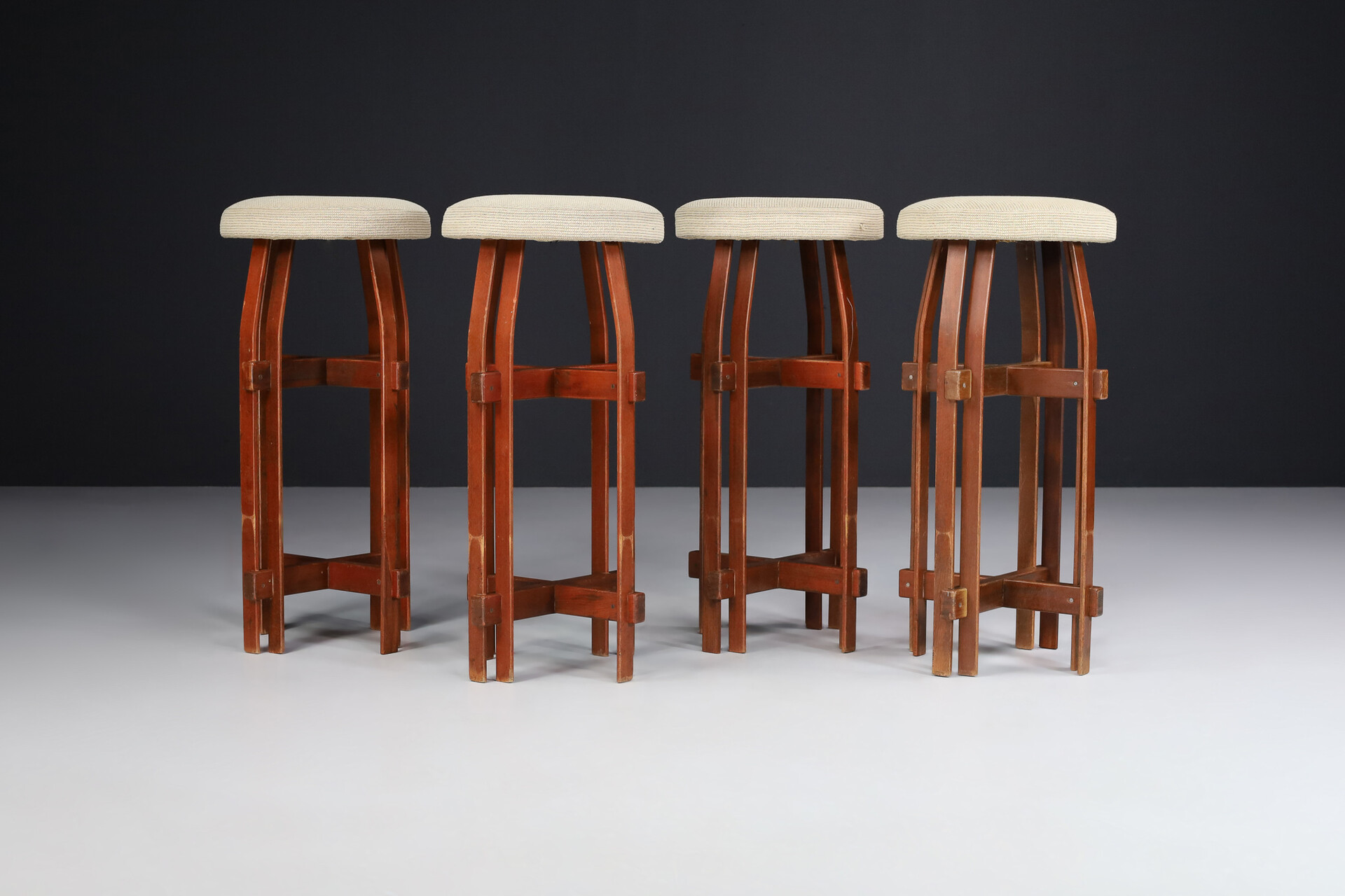 Mid century modern Wood and original fabric Barstools, France 1960s Mid-20th century