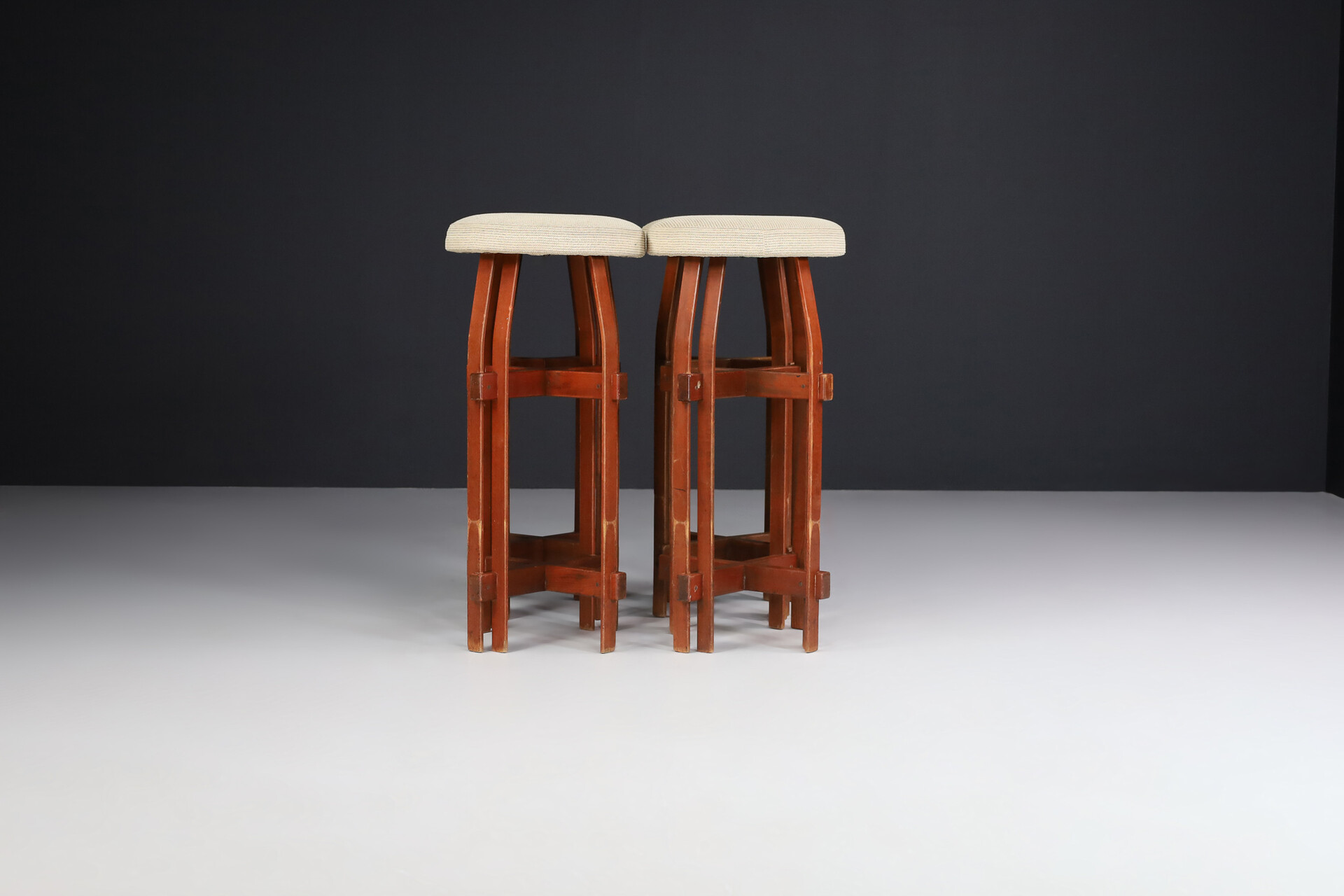 Mid century modern Wood and original fabric Barstools, France 1960s Mid-20th century