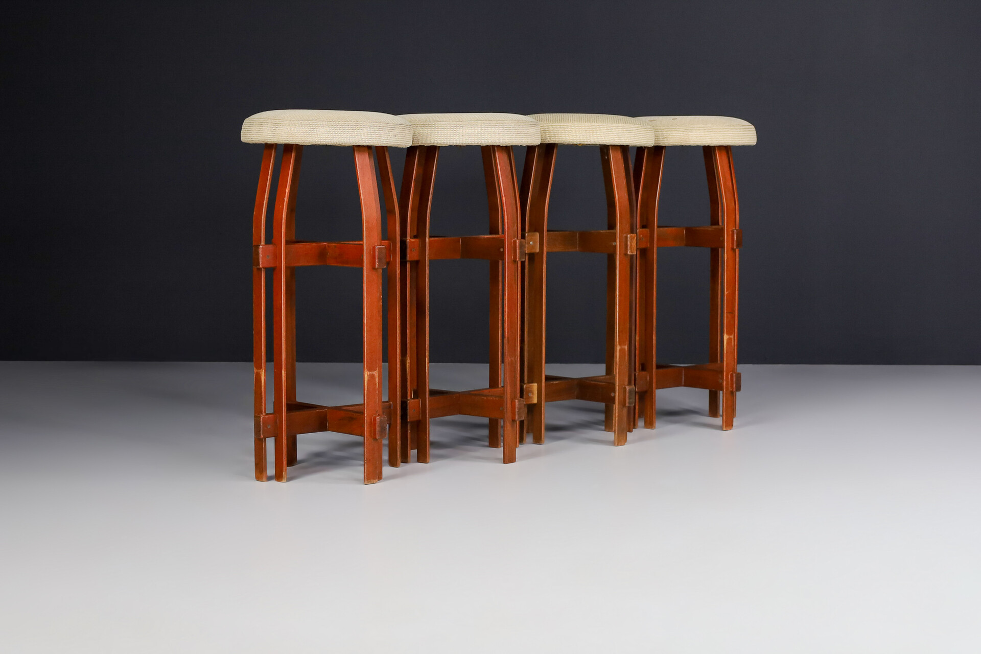 Mid century modern Wood and original fabric Barstools, France 1960s Mid-20th century