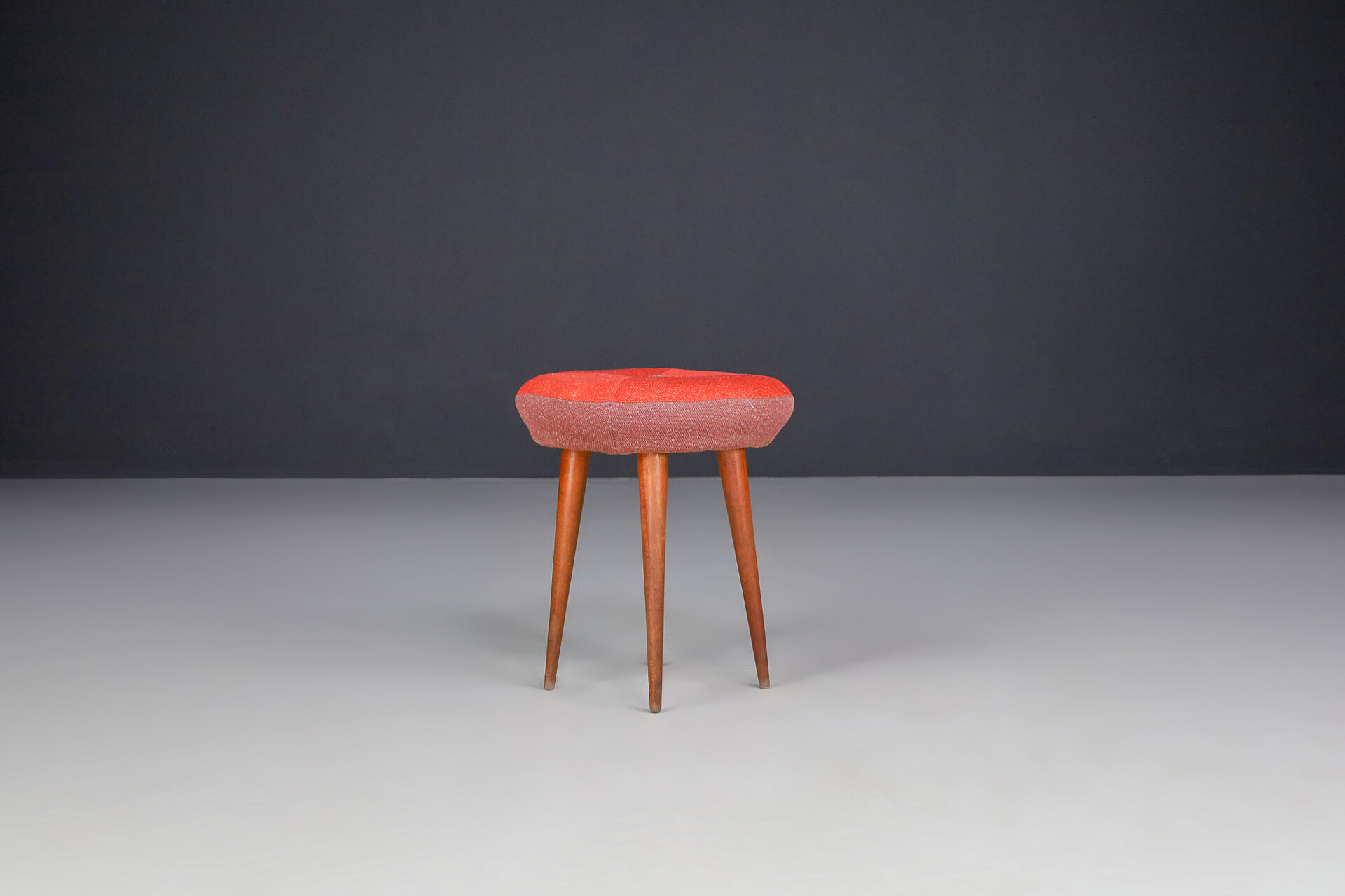 Mid century modern Wood and original fabric stool, France 1960s Mid-20th century