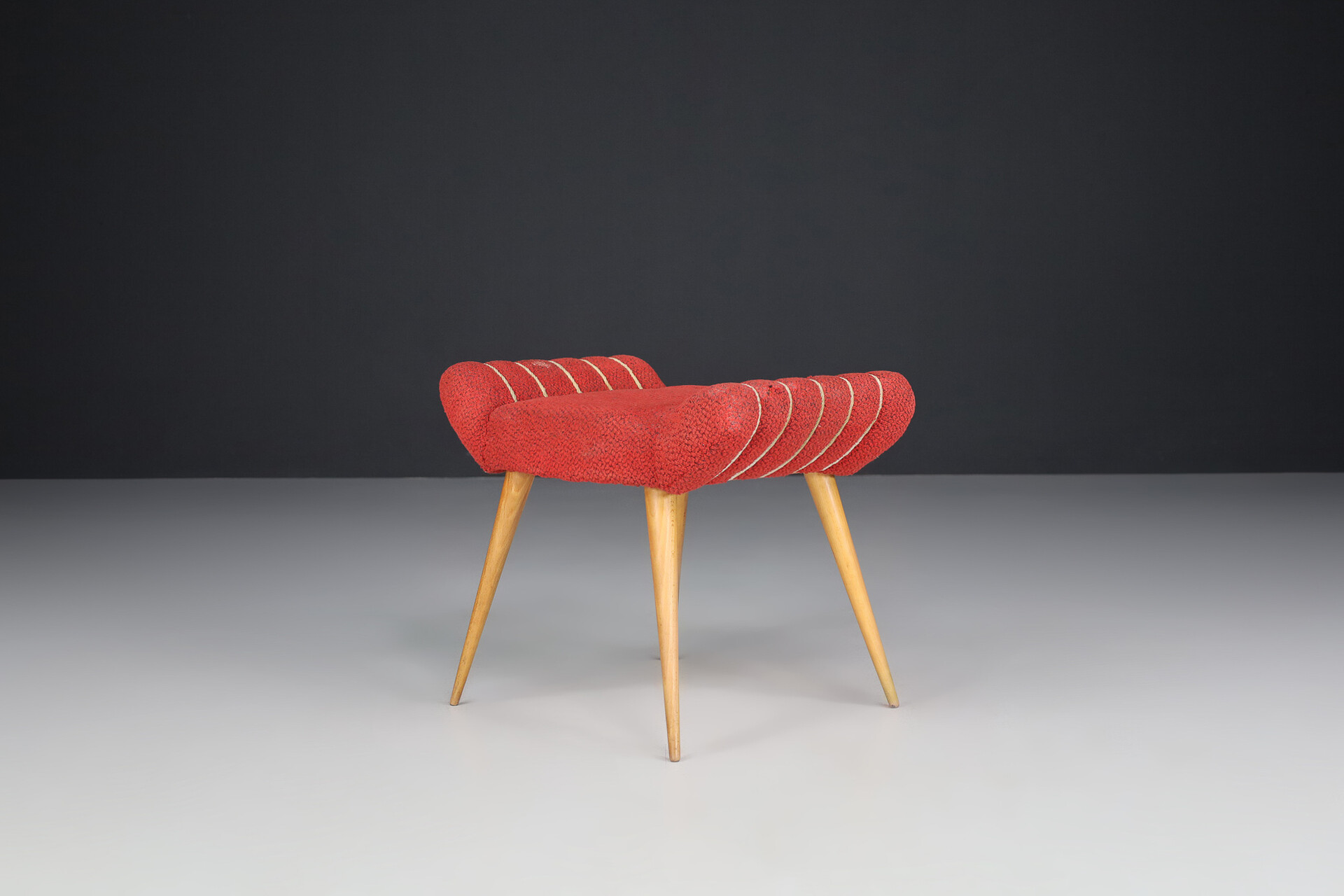 Mid century modern Wood and original fabric stool, France 1960s Mid-20th century