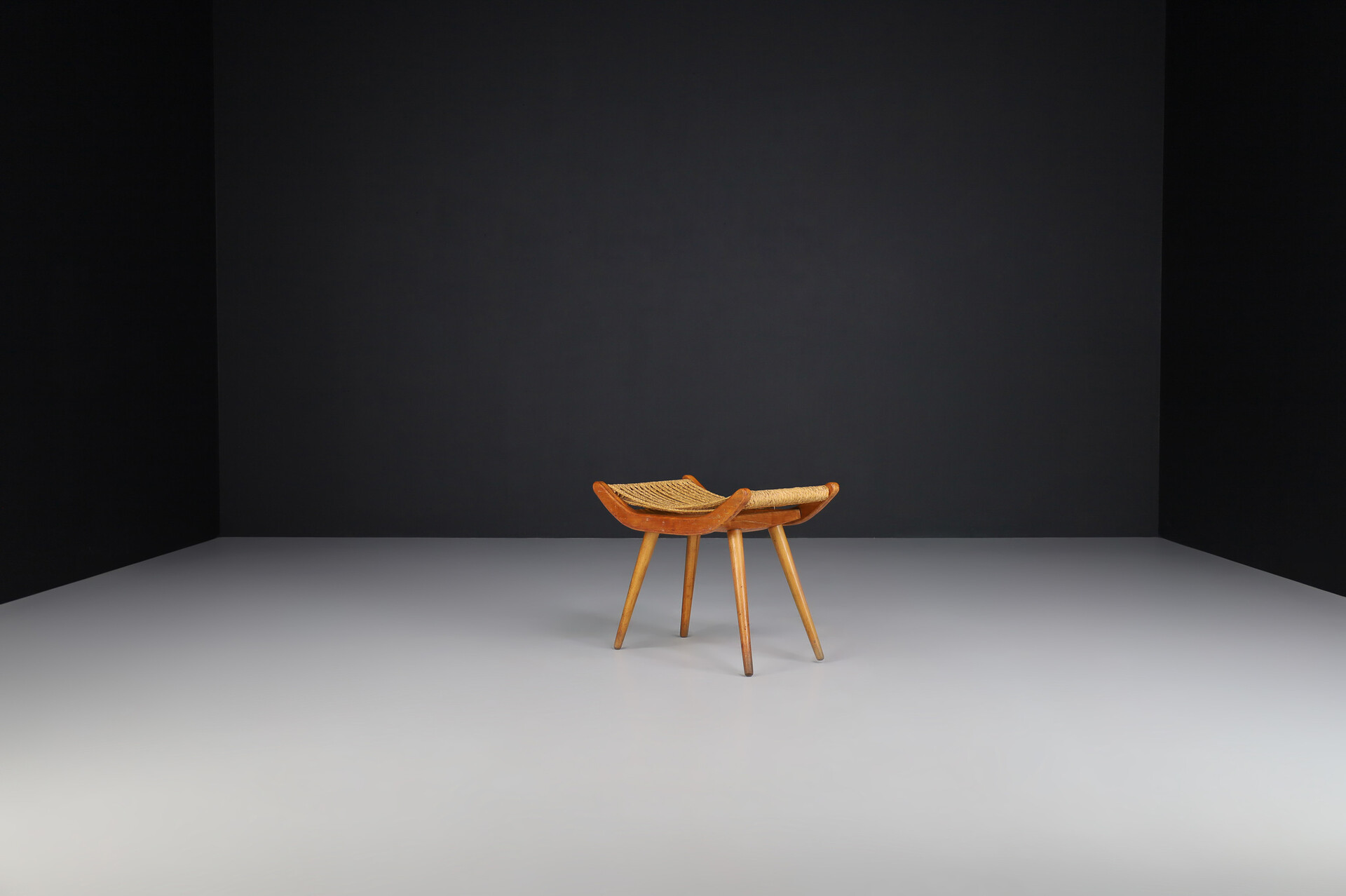 Mid century modern Wood and Rope Stool, France 1950s Mid-20th century