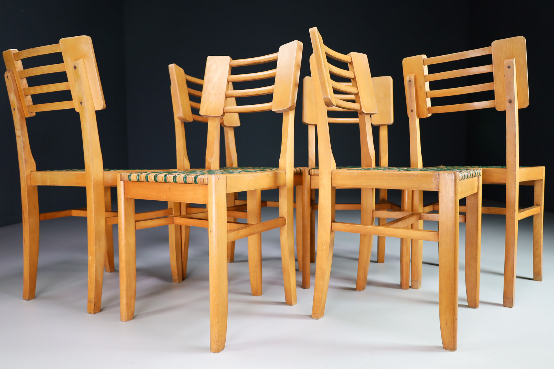 Mid century modern Wood Dining Chairs by Pierre Cruege in Oak and Cane, France, 1940s Mid-20th century