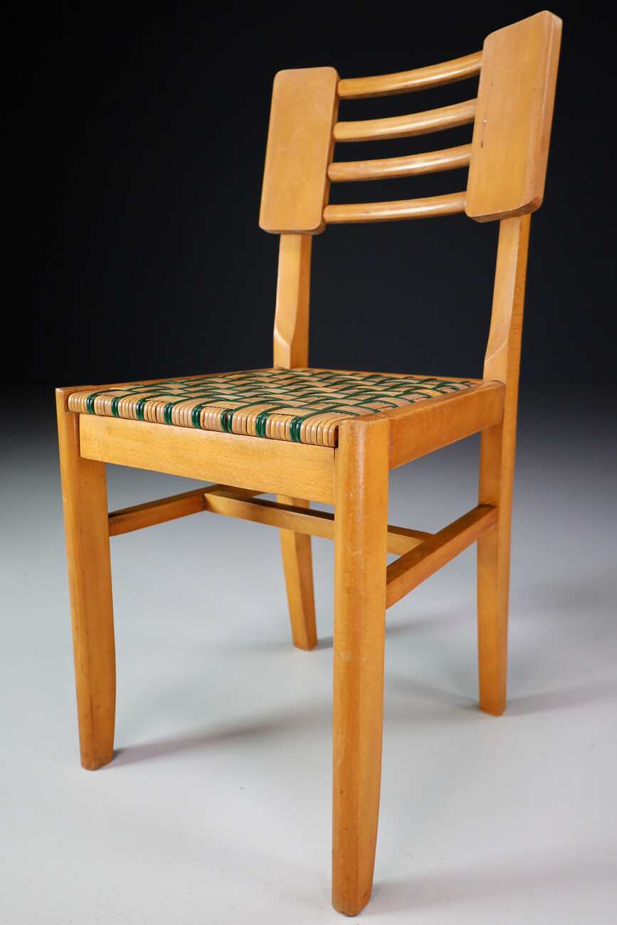 Mid century modern Wood Dining Chairs by Pierre Cruege in Oak and Cane, France, 1940s Mid-20th century