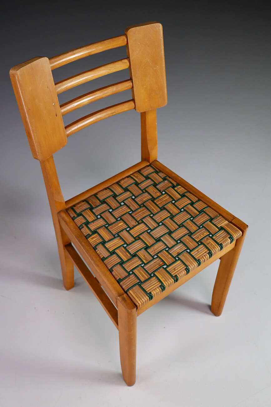 Mid century modern Wood Dining Chairs by Pierre Cruege in Oak and Cane, France, 1940s Mid-20th century