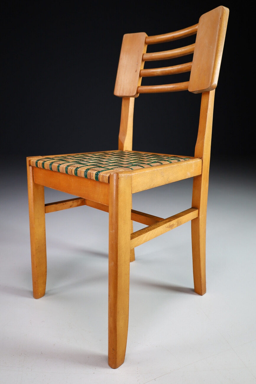 Mid century modern Wood Dining Chairs by Pierre Cruege in Oak and Cane, France, 1940s Mid-20th century