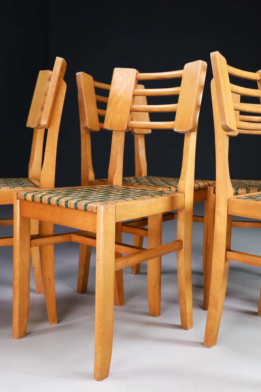 Mid century modern Wood Dining Chairs by Pierre Cruege in Oak and Cane, France, 1940s Mid-20th century
